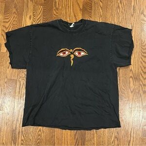 Men’s Rare Faded Black Embroidered Graphic T-Shirt Cropped Raw Hem